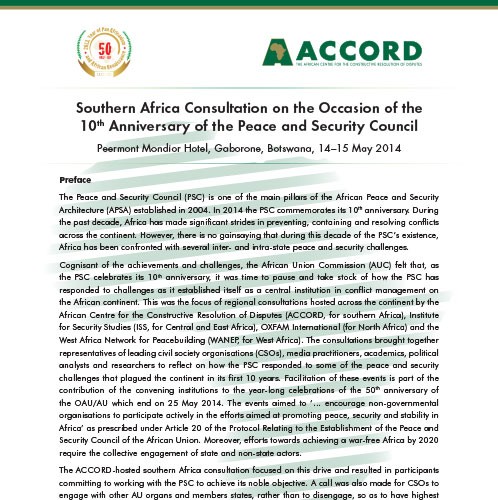 ACCORD - Report - 2014 -Southern Africa Consultation on the Occasion of the 10th Anniversary of the Peace and Security Council