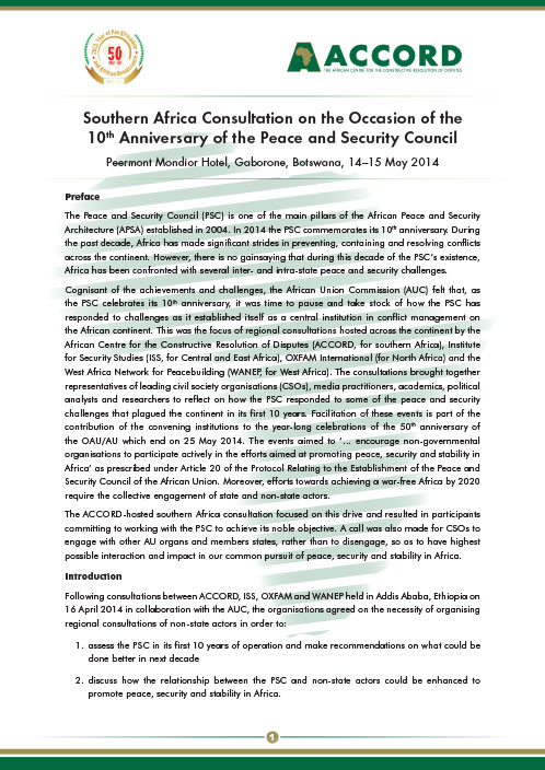 ACCORD - Report - 2014 -Southern Africa Consultation on the Occasion of the 10th Anniversary of the Peace and Security Council