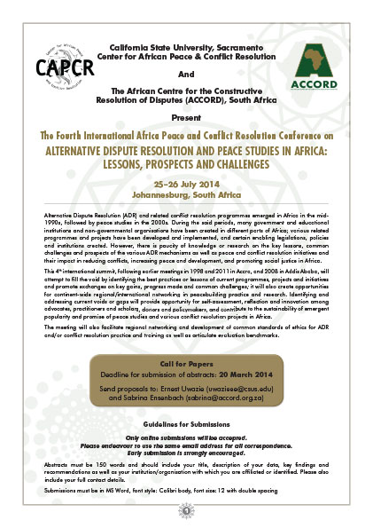 ACCORD - Conference Paper - 2014 - The Fourth International Africa Peace and Conflict Resolution Conference on Alternative Dispute Resolution and Peace Studies in Africa