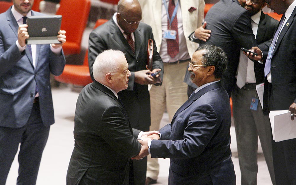 Gary Quinlan (left), current Security Council President, shaking hands with Mahamat Saleh Annadif (right), African Union Special Representative for Somalia and Head of the African Union Mission in Somalia (AMISOM), after a Security Council meeting on the situation in Somalia (UN Photo/Devra Berkowitz)
