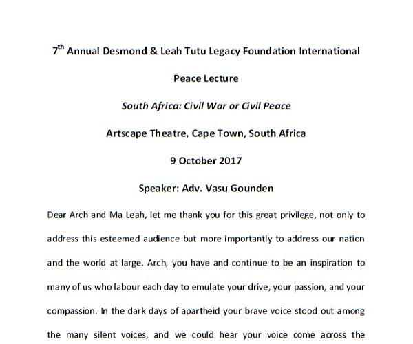 Vasu Gounden Desmond Tutu Speech